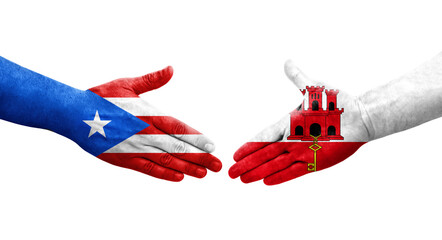 Handshake between Ghana and Puerto Rico flags painted on hands, isolated transparent image.