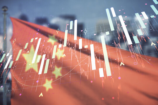 Abstract Virtual Financial Graph Hologram On Chinese Flag And Skyline Background, Financial And Trading Concept. Multiexposure