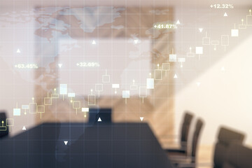 Abstract creative financial graph and world map on a modern coworking room background, financial and trading concept. Multiexposure