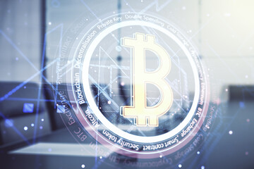 Virtual Bitcoin sketch on a modern coworking room background. Double exposure