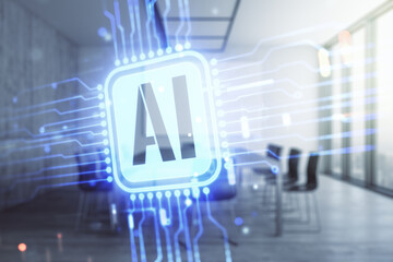 Double exposure of creative artificial Intelligence icon on a modern meeting room background. Neural networks and machine learning concept