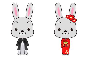 着物で挨拶するうさぎのイラスト素材