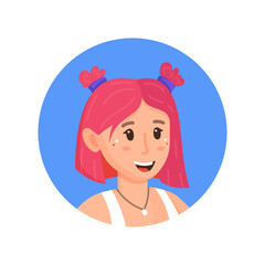Girl blogger on a blue background. Social networking avatar of a young girl. Vector illustration of an adult girl. Photo of a girl with pink hair. 