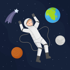 Vector illustration of an astronaut isolated on a black background. Concept of space. 