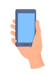 A human hand holds a smartphone. Vector illustration of a phone conversation. Login screen. 