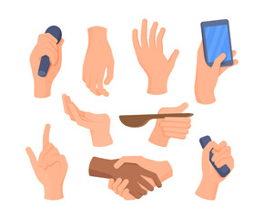 A set of human hands performing different actions. Vector illustration of gesticulation. Light human hand in different positions. 