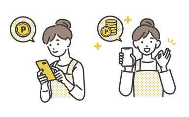 ポイ活でポイントをたくさんゲットする主婦のベクターイラスト素材／ポイ活／嬉しい
