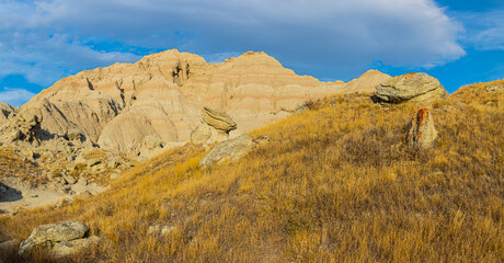 Toadstool Rock and The Peaks of Norbeck Pass, Badlands National Park, South Dakota, USA