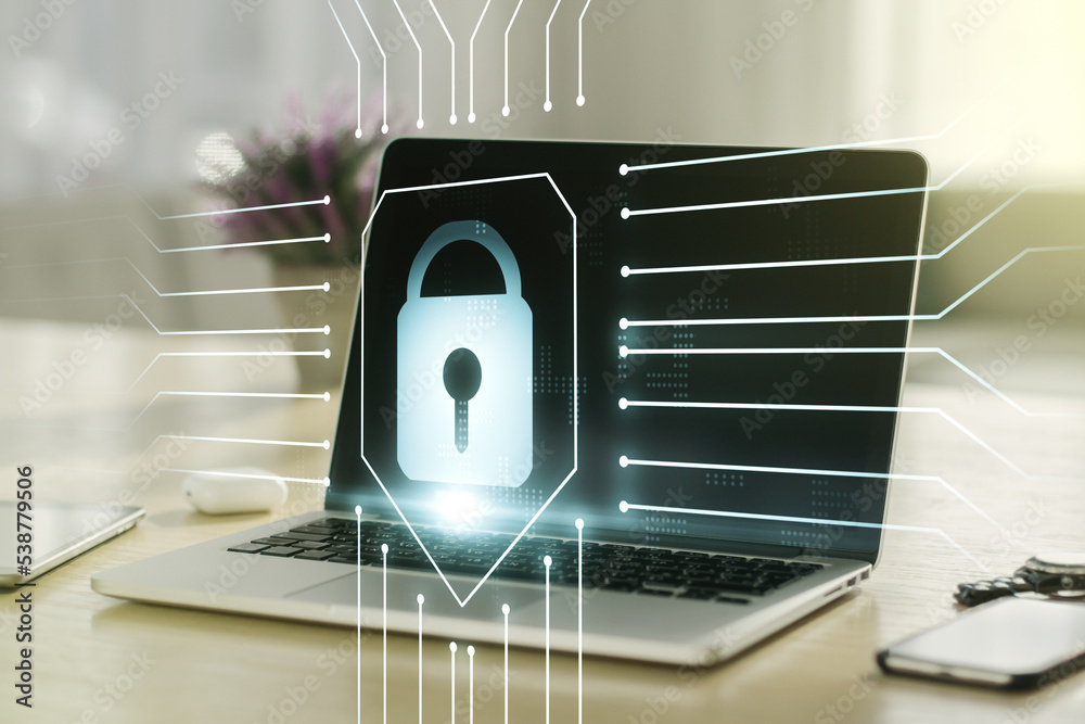 Poster creative light lock illustration with microcircuit on modern computer background, cyber security con