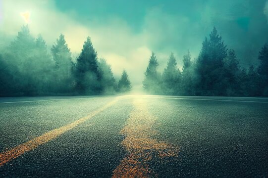 3D Rendering creative blurry asphalt background with mist light high speed