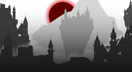 Illustration of a gothic city and the sun behind the mountain abstract background for application