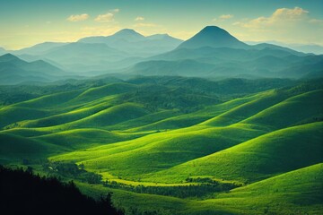 Fototapeta premium Panorama of the green mountain valley. Beautiful mountain green landscape. Mountain panoramic landscape. Mountain panorama
