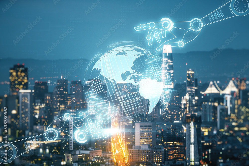 Aufkleber abstract virtual robotics technology hologram with globe sketch on san francisco skyline background.