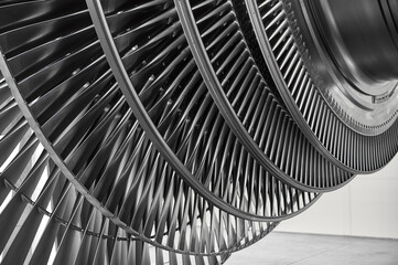 Metal blades of high-speed steam turbine in light workshop
