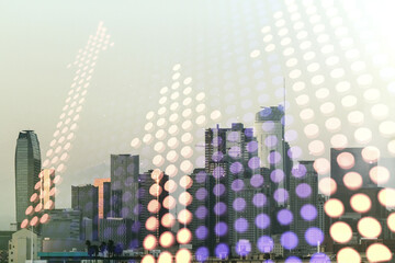 Double exposure of abstract virtual upward arrows hologram on Los Angeles city skyscrapers background. Ambition and challenge concept