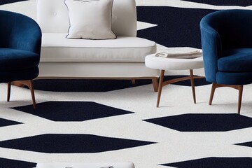 Black and white patterned carpet in trendy blue living room