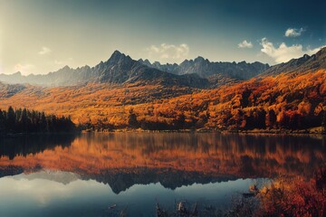 Obraz premium Autumn on the lake in the mountains. Mountain autumn landscape. Autumn mountain landscape. Mountains in autumn