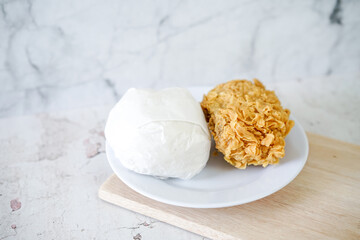 Fried chicken crisp with rice, fast food meal on a white plate 