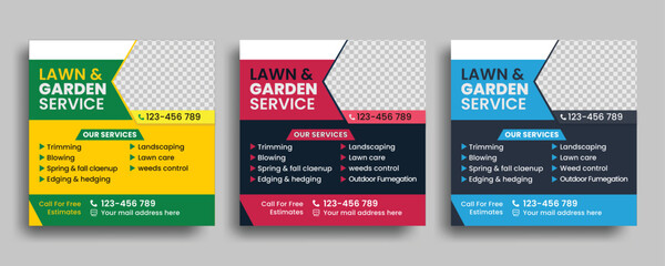 gardening and lawn care social media post design  flyer, lawn mower cutting services template