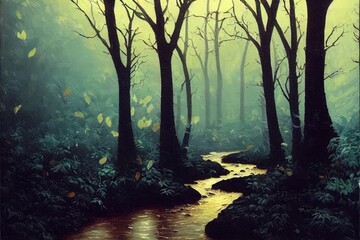 Obraz premium a painting of a forest in the dark with trees and a stream
