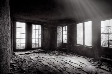 Fototapeta na wymiar Dark and creepy wooden cellar door open at bottom of old stone stairs bright sun light rays shining through on floor making shadows and scary sinister abandoned basement room underground
