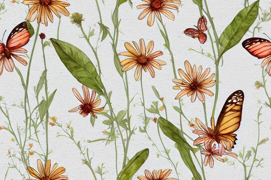 Wildflowers, green wild plants and flying butterfly, floral seamless pattern with colorful flowers, watercolor horizontal border isolated on white background, hand painting illustration summer meadow