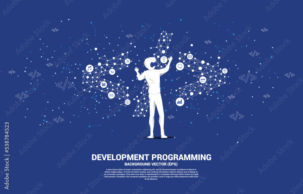 Poster Silhouette man wear VR glasses software development programming tag with polygon dot connect line. Concept of digital virtual reality technology and AR .