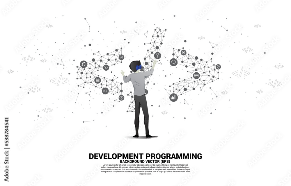 Poster Silhouette man wear VR glasses software development programming tag with polygon dot connect line. Concept of digital virtual reality technology and AR .