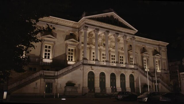 Beautiful facade of courthouse at night.