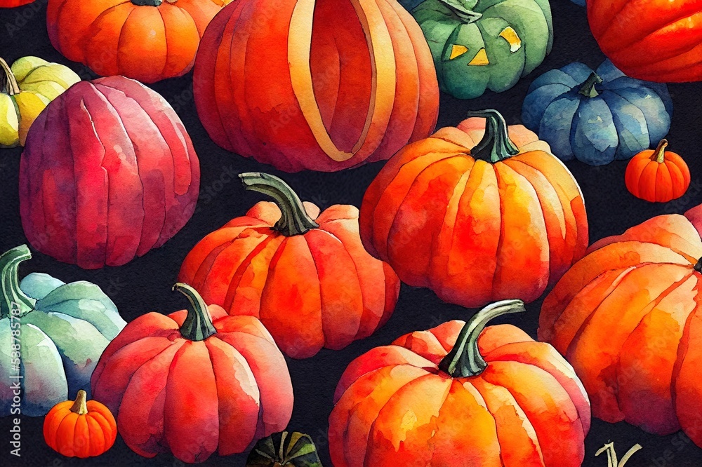 Canvas Prints Watercolor composition of pumpkins. Halloween. Autumn illustration. Halloween Greeting Card.