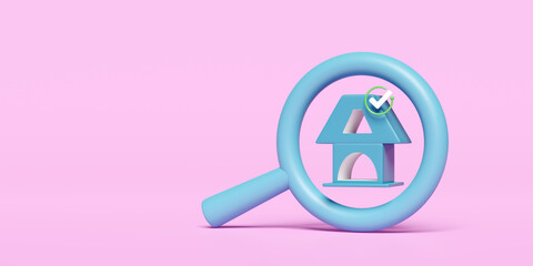 3d blue house with magnifying glass, check marks, tick marks symbols, pin isolated on pink background. online shopping, search data concept, 3d render illustration, clipping path