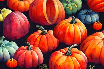 Watercolor composition of pumpkins. Halloween. Autumn illustration. Halloween Greeting Card.