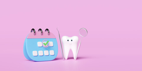 3d calendar with dental molar teeth model, marked date, dentist mirror, sickle scaler isolated on pink. health of white teeth, dental examination of the dentist, 3d render illustration, clipping path