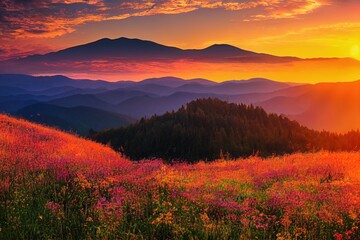Die Sonne geht über den Bergketten unter. Standort Ort Karpaten, Ukraine, Europa. Perfekte Sommertapete. Bild eines magischen Sonnenuntergangs. Sommerurlaub. Entdecken Sie die Schönheit der Erde. © 2ragon