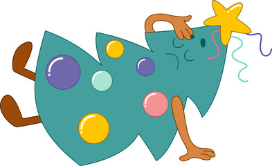 Tired character of the Christmas tree fell to the floor. Cartoon style. Vector illustration.