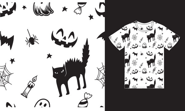 Helloween pattern illustration with t shirt design premium vector