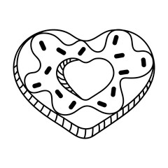 Heart shaped donut in doodle style. Black and white vector illustration for coloring book.