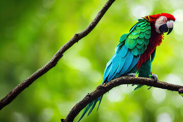 Hybrid parrots in forest. Macaw parrot flying in dark green vegetation. Rare form Ara macao x Ara ambigua, in tropical forest, Costa Rica. Wildlife scene from tropical nature. Red bird in fly, jungle.