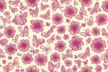 Skull and butterfly with flower on white background. Typographic graphic and seamless pattern