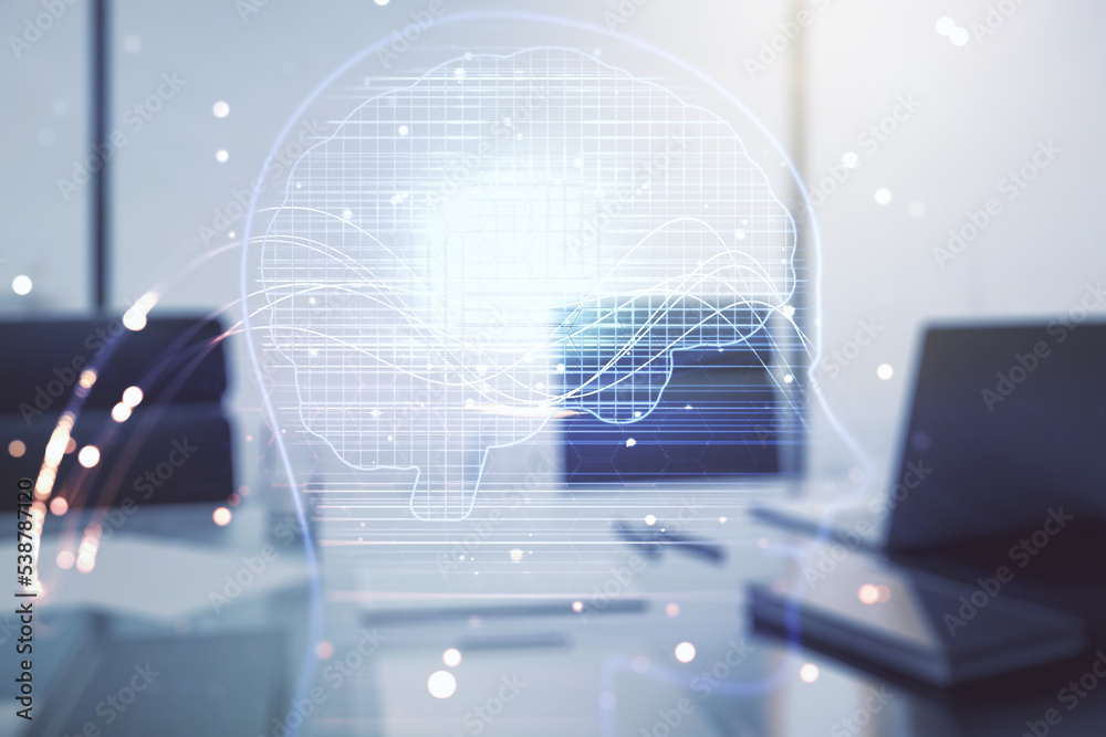 Aufkleber Double exposure of creative artificial Intelligence symbol and modern desktop with laptop on background. Neural networks and machine learning concept