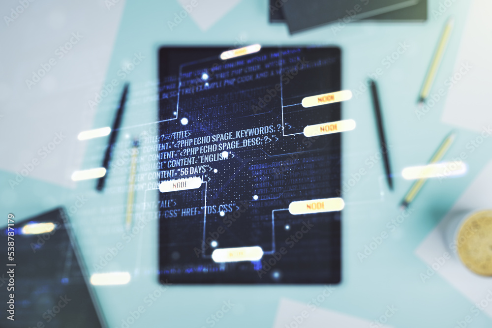 Fototapete Double exposure of abstract creative programming illustration and modern digital tablet on background, big data and blockchain concept