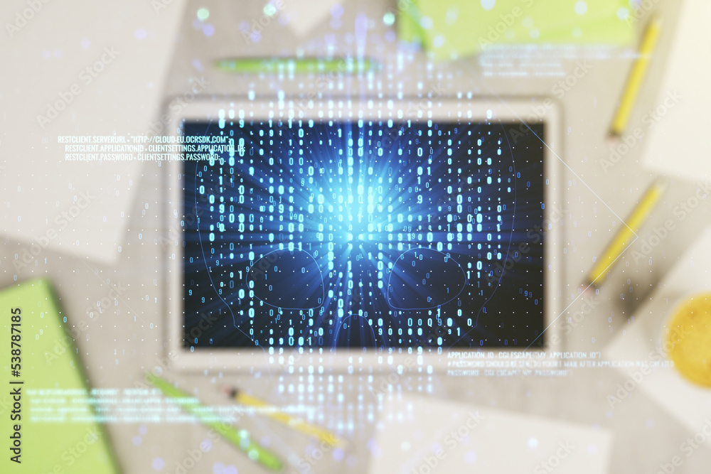 Poster double exposure of creative code skull hologram and digital tablet on background, top view. malware 
