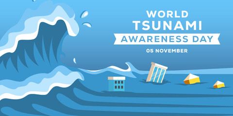 flat design world tsunami awareness day 5 november horizontal banner - obrazy, fototapety, plakaty