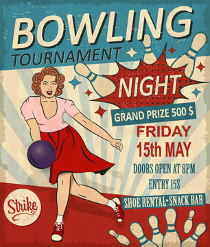  Bowling Night vintage poster with girl playing bowling in club.