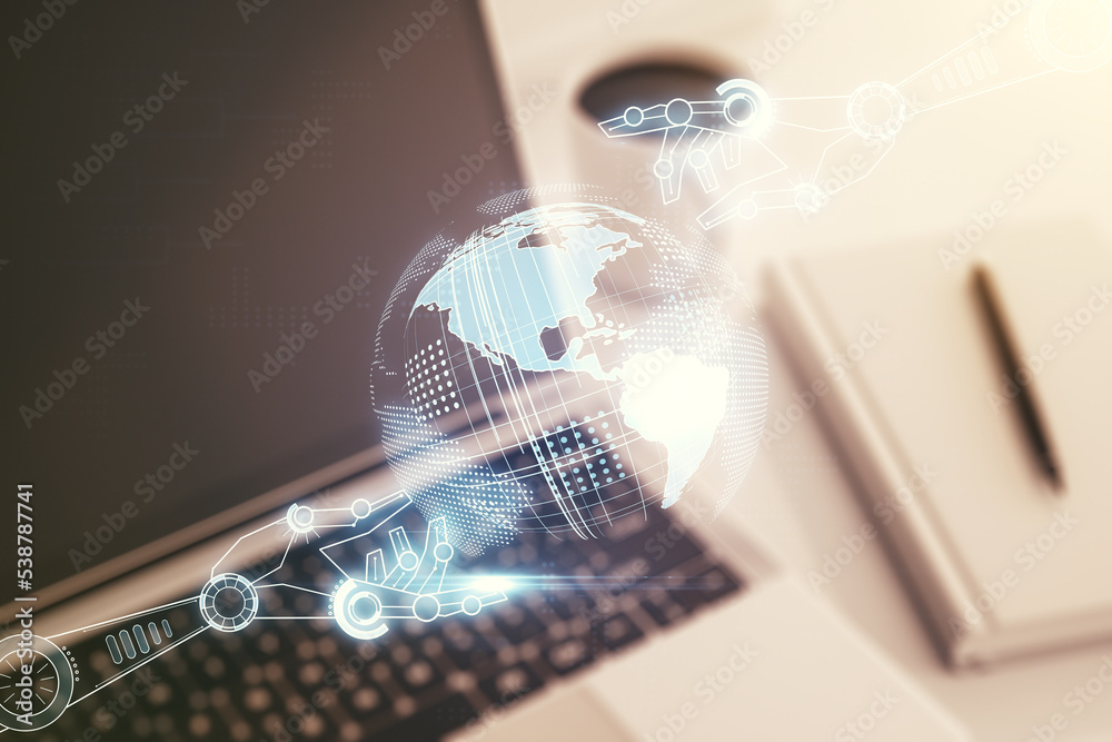 Poster creative abstract robotics technology hologram with globe on modern computer background, artificial 