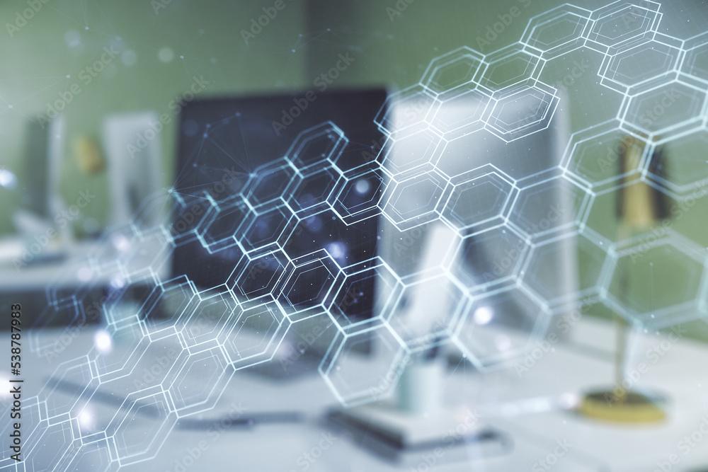 Poster Creative concept of wireless technology with hexagon hologram on modern laptop background. Big data and database concept. Multiexposure
