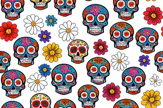 Day of The Dead colorful sugar skull with floral ornament and flower seamless pattern