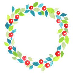 Green leaves with red berry wreath watercolor for decoration on Christmas holiday and wedding event.
