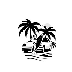 beach car and woman surfing logo
