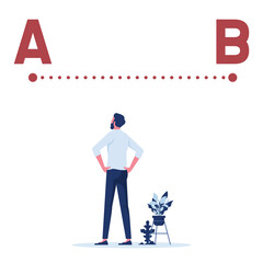 Businessman looking at a line between a to b on a wall, business solution searching challenge concept